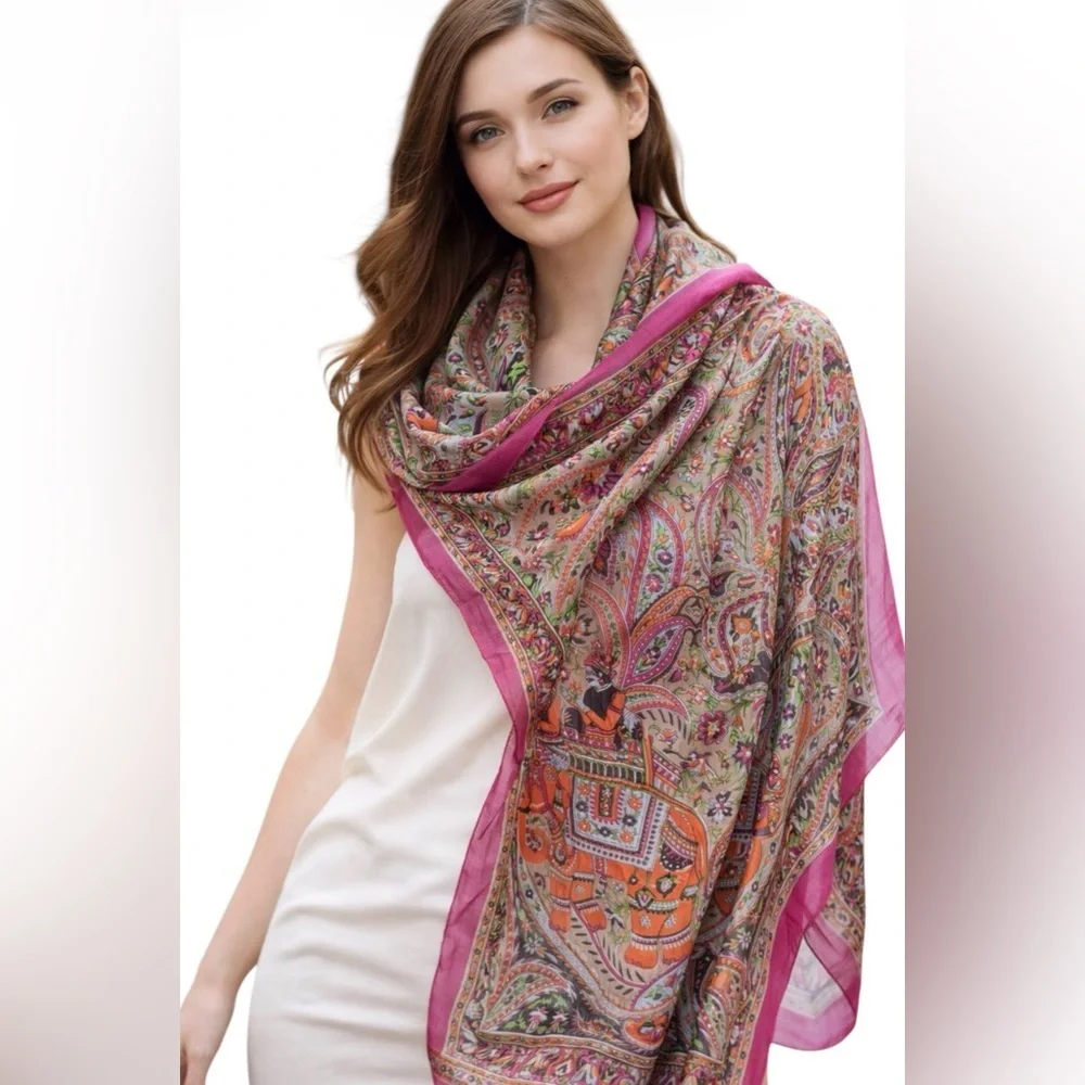 PASHTUSH 100% PURE SILK SCARF PAISLEY & ELEPHANT PRINT MULTICOLOR FUCCIA